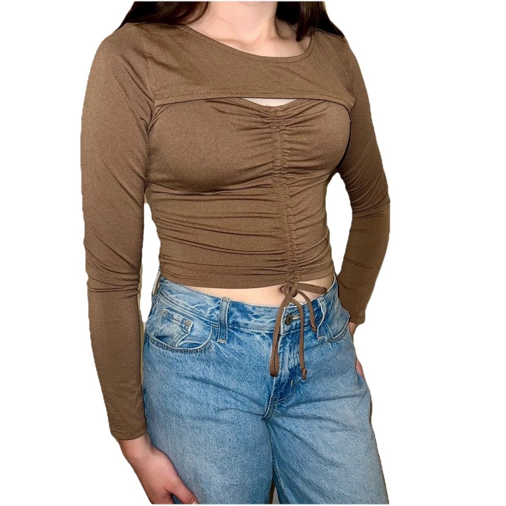 Peek-A-Boo Brown Crop Top Chest Window Front Pull Cinched Y2K Women's Medium
